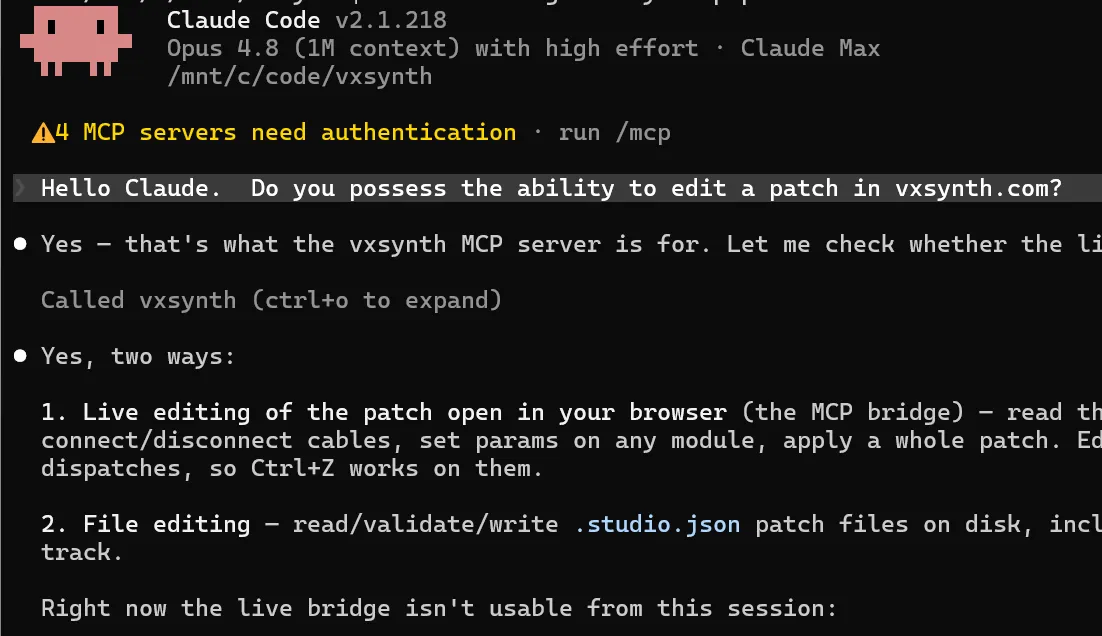 An AI coding agent making live edits to an open vxsynth patch