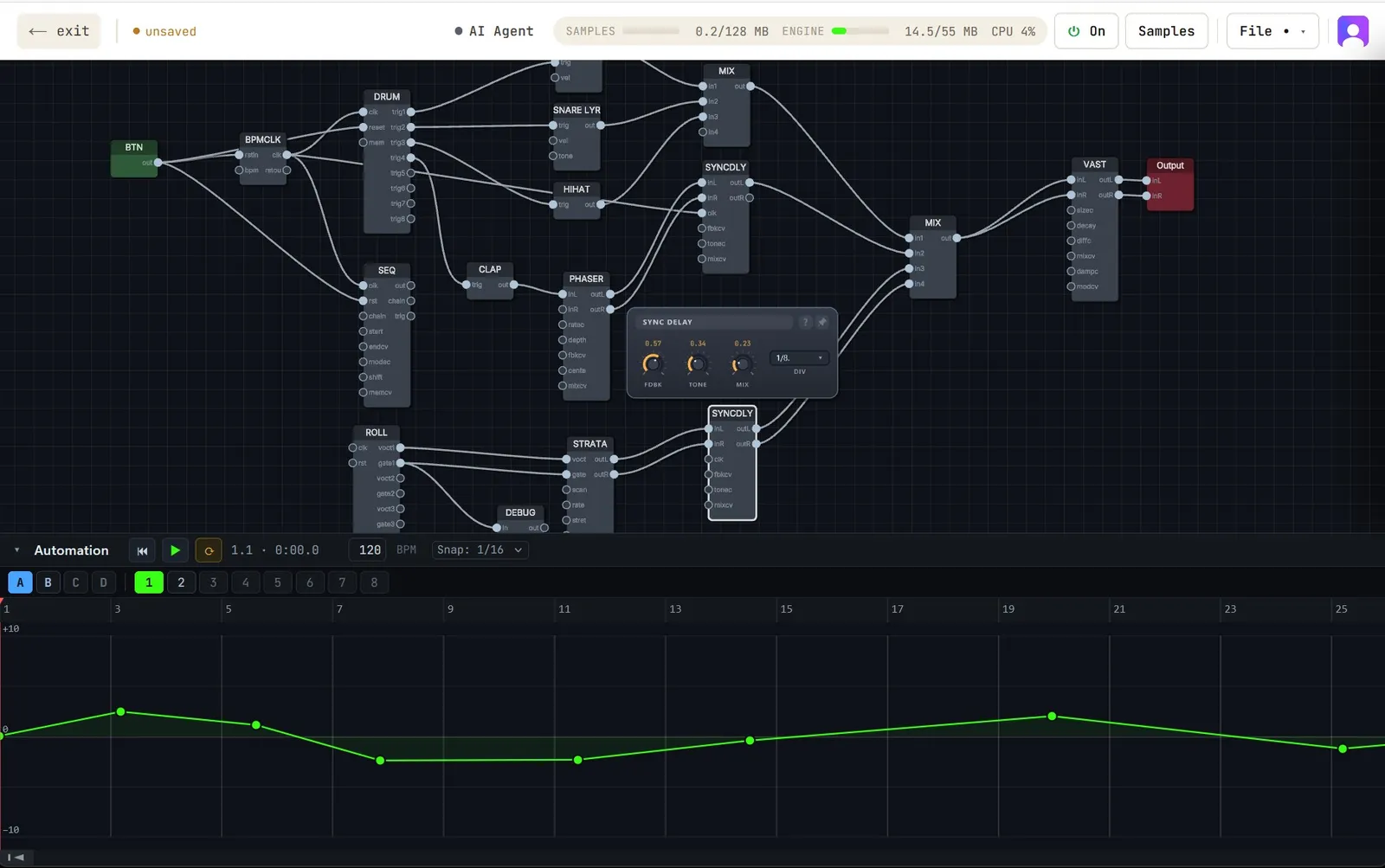 The vxsynth studio: modules wired with cables, a timeline, and the automation dock
